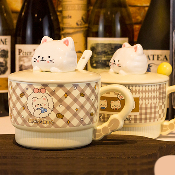 Vas pentru fulgi de ovăz cu capac, porțelan, capac mare, compatibil cu microunde, model desen animat