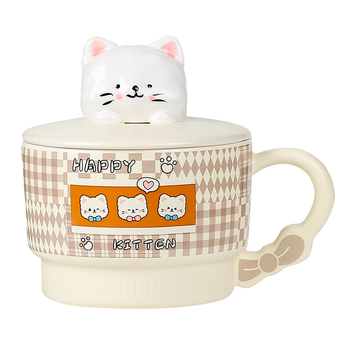 Vas pentru fulgi de ovăz cu capac, porțelan, capac mare, compatibil cu microunde, model desen animat