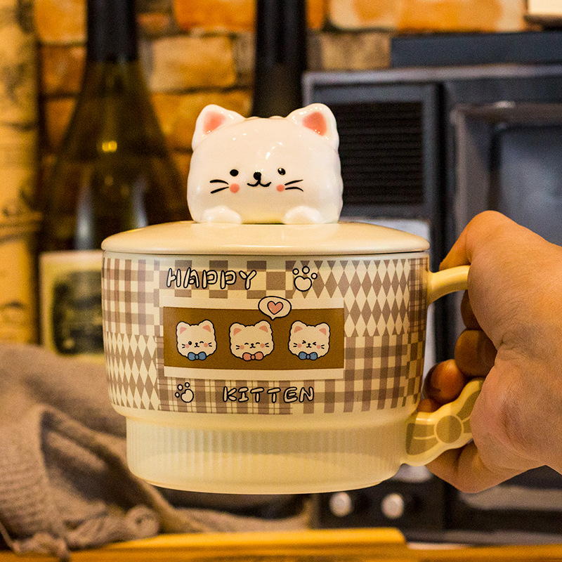 Vas pentru fulgi de ovăz cu capac, porțelan, capac mare, compatibil cu microunde, model desen animat