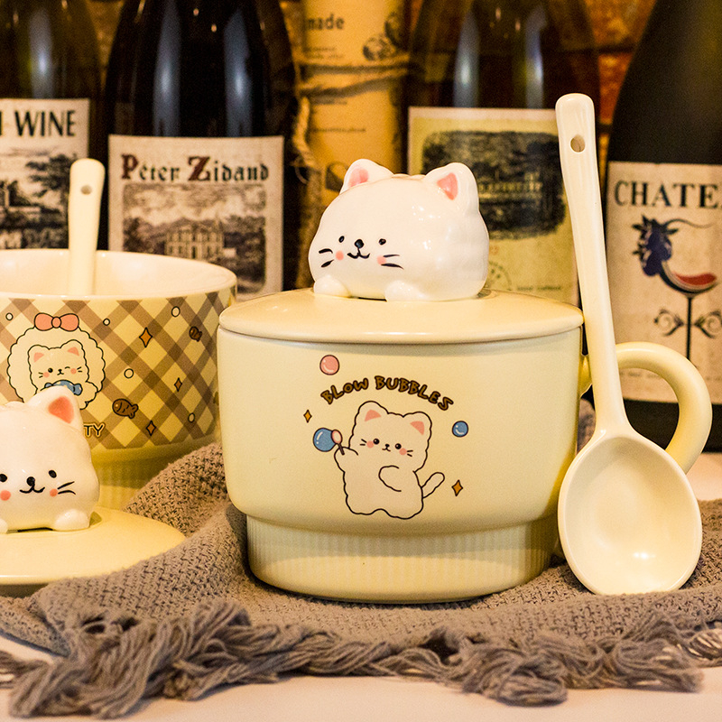 Vas pentru fulgi de ovăz cu capac, porțelan, capac mare, compatibil cu microunde, model desen animat