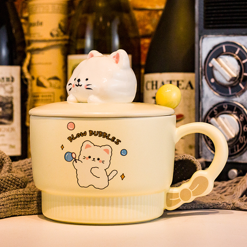 Vas pentru fulgi de ovăz cu capac, porțelan, capac mare, compatibil cu microunde, model desen animat