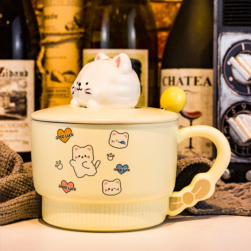 Vas pentru fulgi de ovăz cu capac, porțelan, capac mare, compatibil cu microunde, model desen animat