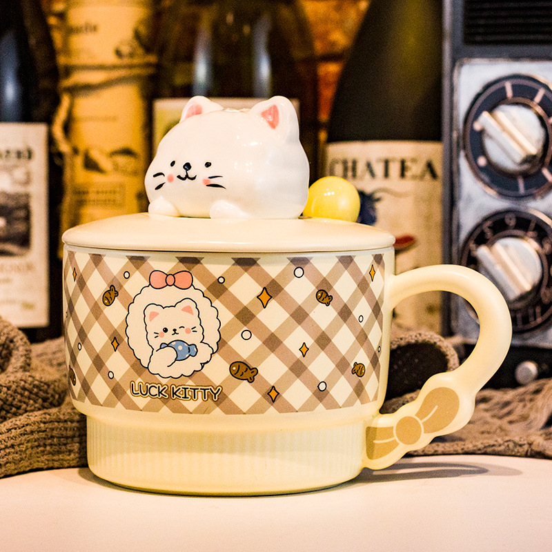 Vas pentru fulgi de ovăz cu capac, porțelan, capac mare, compatibil cu microunde, model desen animat