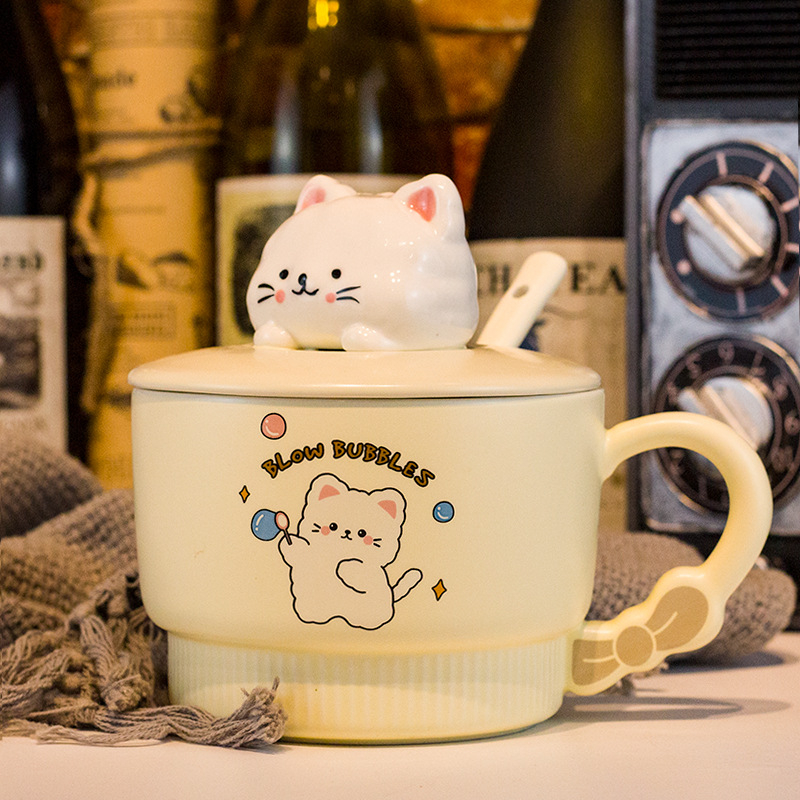 Vas pentru fulgi de ovăz cu capac, porțelan, capac mare, compatibil cu microunde, model desen animat