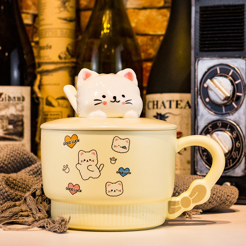 Vas pentru fulgi de ovăz cu capac, porțelan, capac mare, compatibil cu microunde, model desen animat