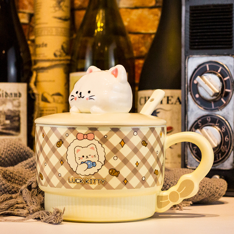 Vas pentru fulgi de ovăz cu capac, porțelan, capac mare, compatibil cu microunde, model desen animat