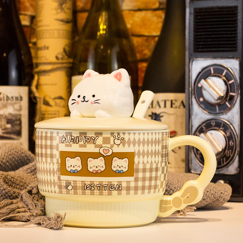 Vas pentru fulgi de ovăz cu capac, porțelan, capac mare, compatibil cu microunde, model desen animat