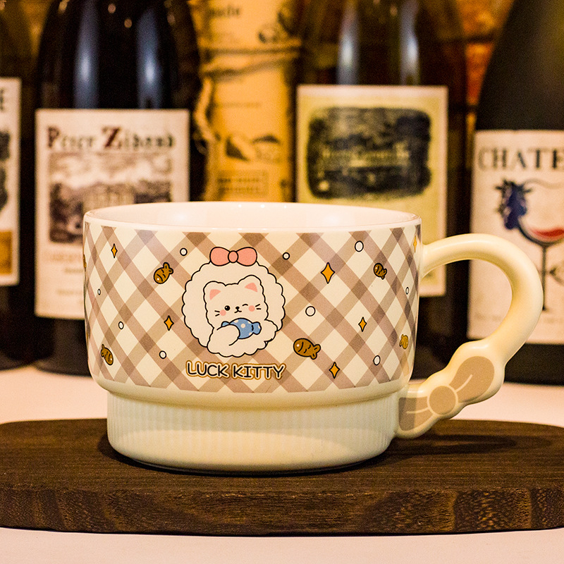 Vas pentru fulgi de ovăz cu capac, porțelan, capac mare, compatibil cu microunde, model desen animat