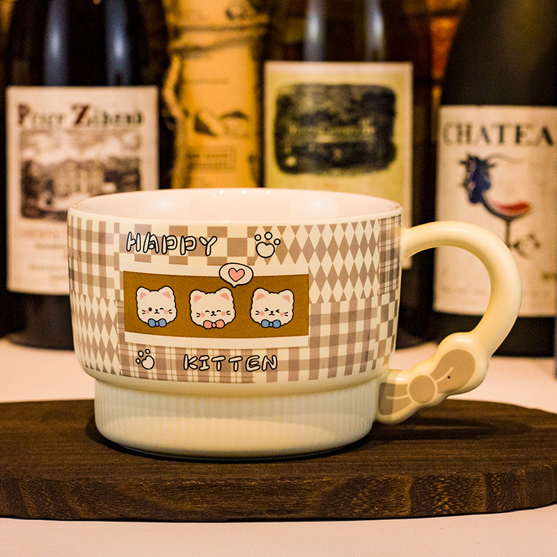 Vas pentru fulgi de ovăz cu capac, porțelan, capac mare, compatibil cu microunde, model desen animat