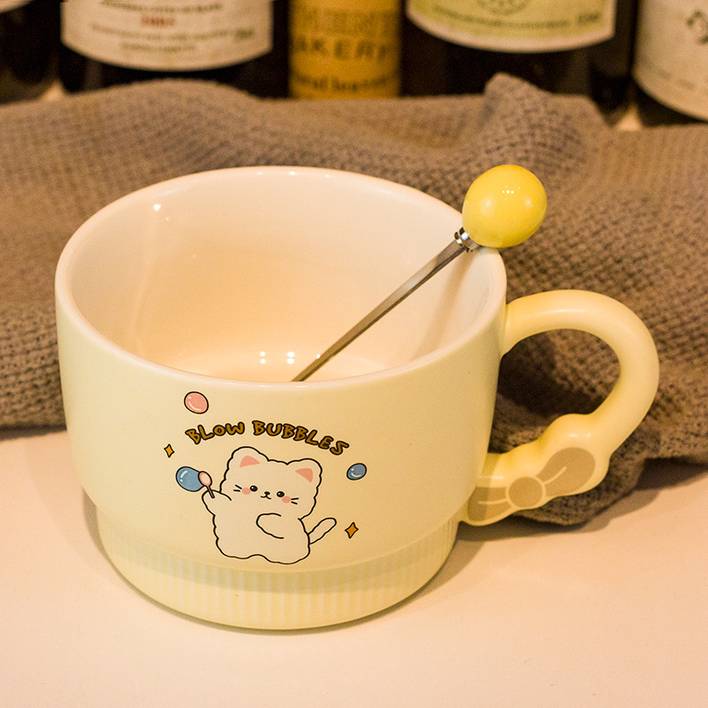 Vas pentru fulgi de ovăz cu capac, porțelan, capac mare, compatibil cu microunde, model desen animat