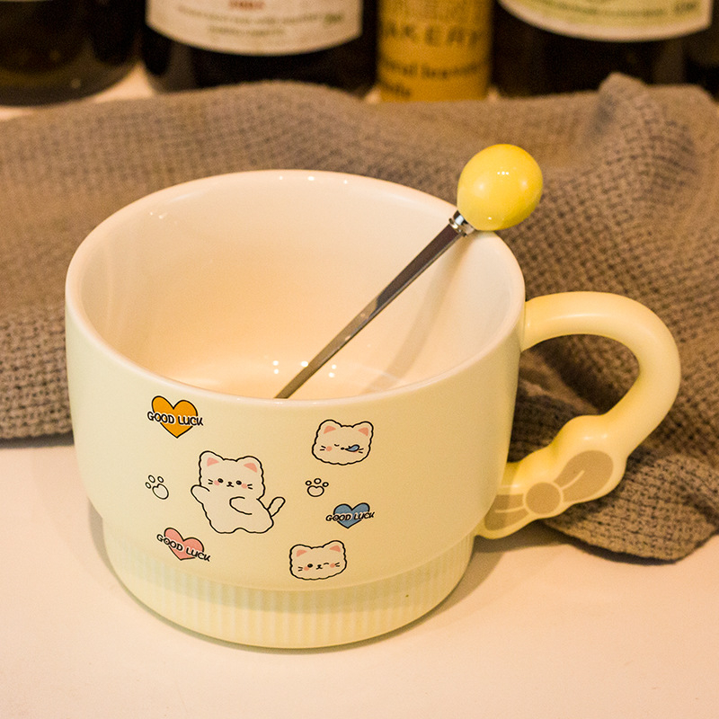 Vas pentru fulgi de ovăz cu capac, porțelan, capac mare, compatibil cu microunde, model desen animat