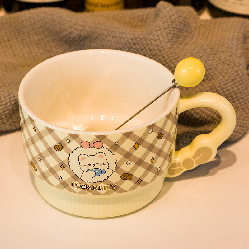 Vas pentru fulgi de ovăz cu capac, porțelan, capac mare, compatibil cu microunde, model desen animat