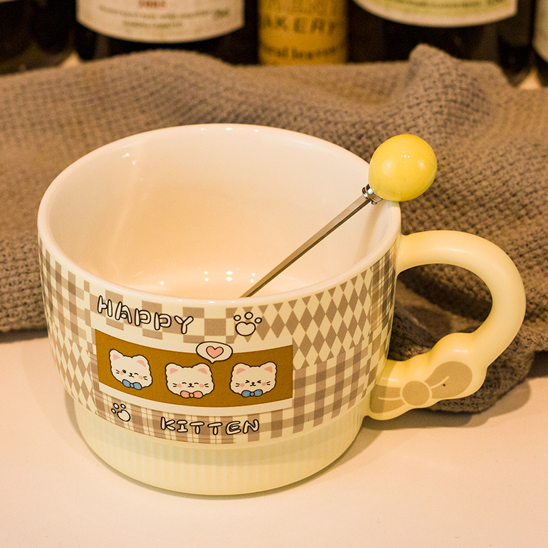 Vas pentru fulgi de ovăz cu capac, porțelan, capac mare, compatibil cu microunde, model desen animat