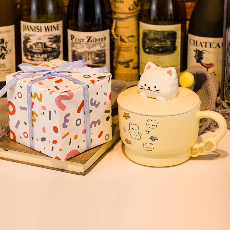 Vas pentru fulgi de ovăz cu capac, porțelan, capac mare, compatibil cu microunde, model desen animat