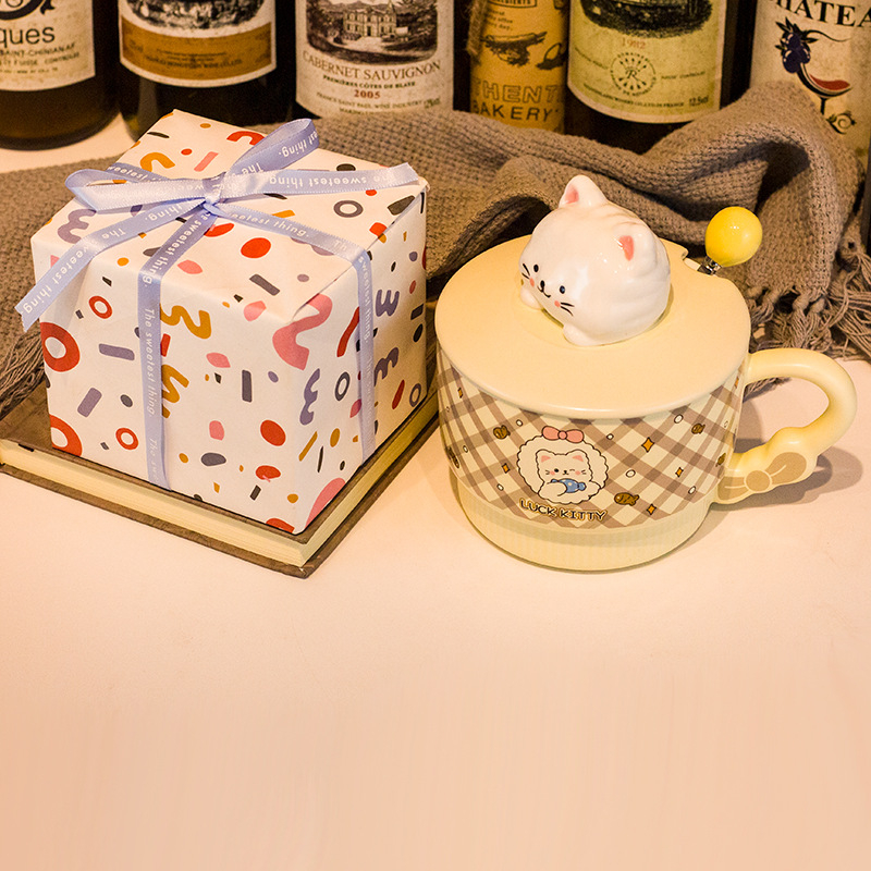 Vas pentru fulgi de ovăz cu capac, porțelan, capac mare, compatibil cu microunde, model desen animat