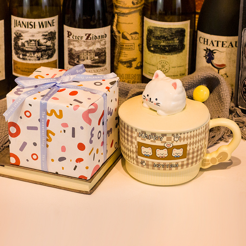 Vas pentru fulgi de ovăz cu capac, porțelan, capac mare, compatibil cu microunde, model desen animat