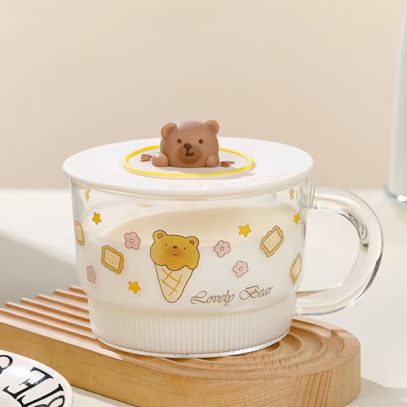 Vas pentru fulgi de ovăz cu capac, porțelan, capac mare, compatibil cu microunde, model desen animat