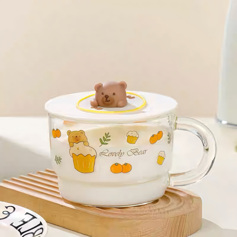 Vas pentru fulgi de ovăz cu capac, porțelan, capac mare, compatibil cu microunde, model desen animat