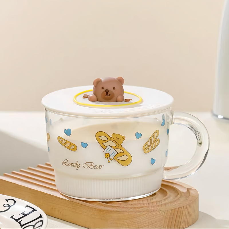 Vas pentru fulgi de ovăz cu capac, porțelan, capac mare, compatibil cu microunde, model desen animat