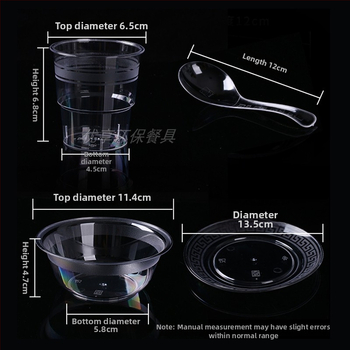 Jednorázový jedálenský set zo štyroch dielov: misky, paličky, taniere a poháre; hrubšie a biologicky odbúrateľné, na svadby a hot pot reštaurácie