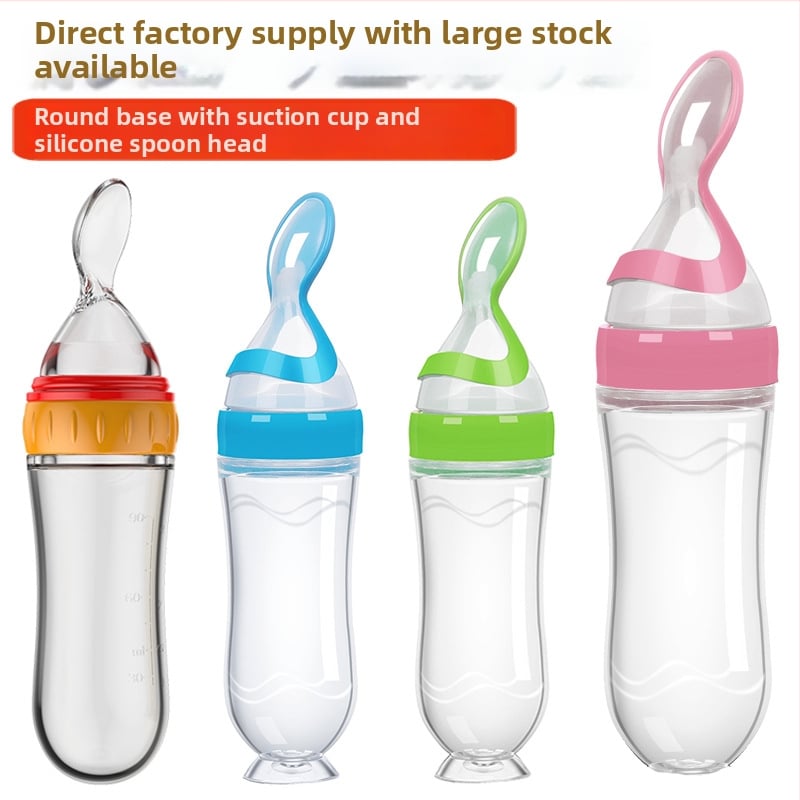 Sticlă de hrănire pentru terci de orez la bebeluși – din silicon, cu încărcător de stoarcere și lingură minimalistă; Brand: New Starting Point; Material: Silicon; Vârstă: 6 luni+