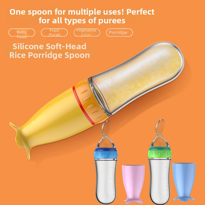 Sticlă de hrănire pentru terci de orez la bebeluși – din silicon, cu încărcător de stoarcere și lingură minimalistă; Brand: New Starting Point; Material: Silicon; Vârstă: 6 luni+