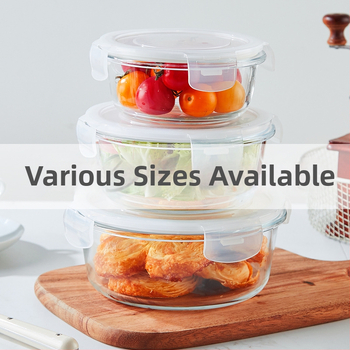 Kutija za ručak od otpornog stakla s zatvorivom posudom, sigurna za mikrovalnu; podijeljena na tri pretinca i trostruki sloj dizajna; kapacitet 301–500 ml, 501–800 ml i 800–1000 ml.