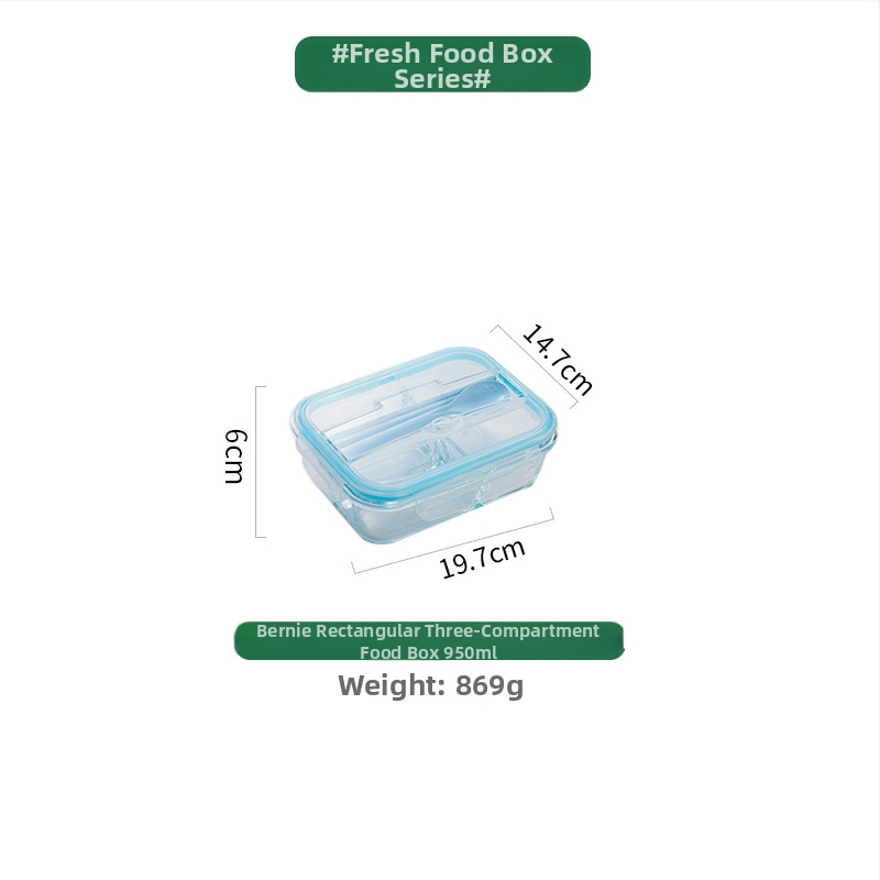 Kutija za ručak od otpornog stakla s zatvorivom posudom, sigurna za mikrovalnu; podijeljena na tri pretinca i trostruki sloj dizajna; kapacitet 301–500 ml, 501–800 ml i 800–1000 ml.