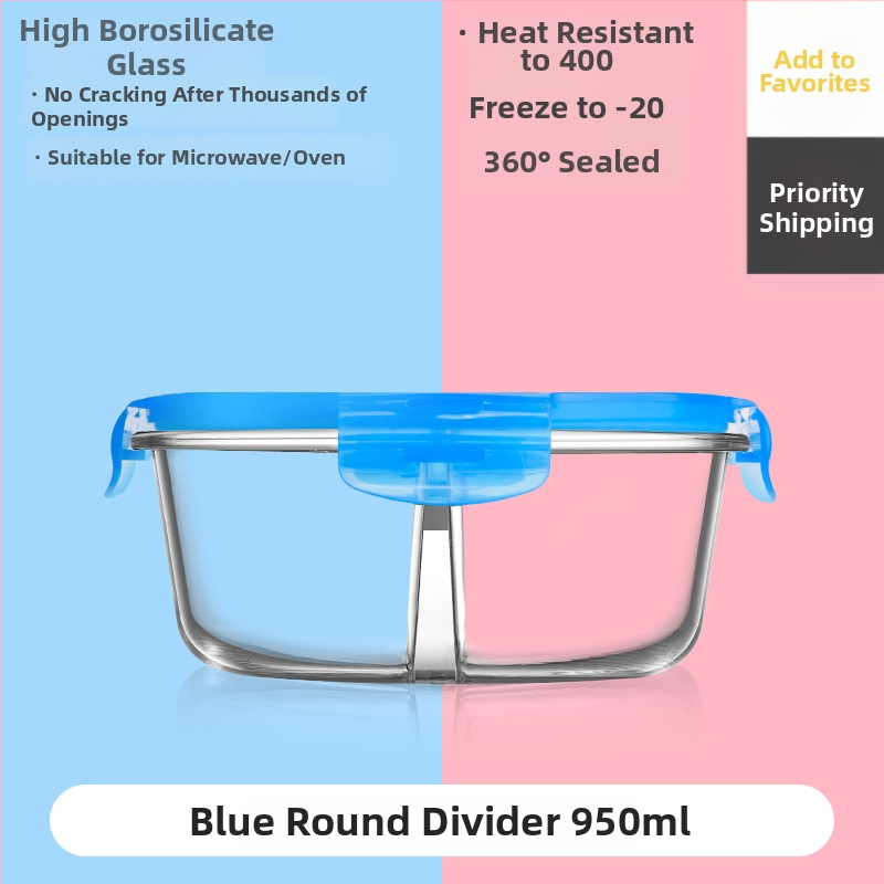 Kutija za ručak od otpornog stakla s zatvorivom posudom, sigurna za mikrovalnu; podijeljena na tri pretinca i trostruki sloj dizajna; kapacitet 301–500 ml, 501–800 ml i 800–1000 ml.