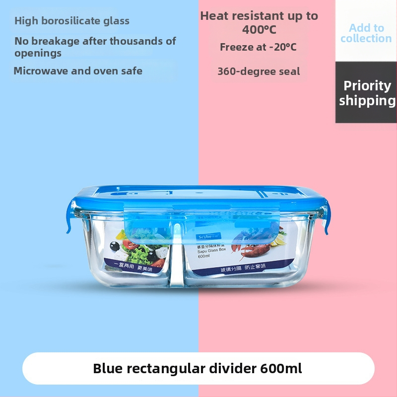 Kutija za ručak od otpornog stakla s zatvorivom posudom, sigurna za mikrovalnu; podijeljena na tri pretinca i trostruki sloj dizajna; kapacitet 301–500 ml, 501–800 ml i 800–1000 ml.