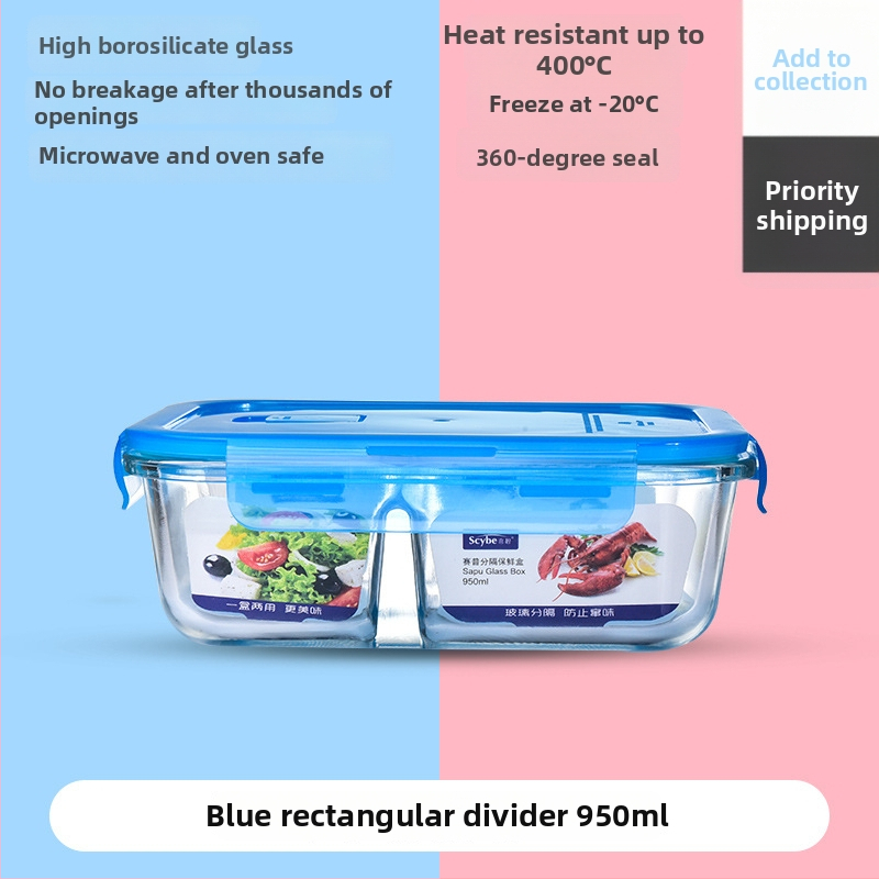 Kutija za ručak od otpornog stakla s zatvorivom posudom, sigurna za mikrovalnu; podijeljena na tri pretinca i trostruki sloj dizajna; kapacitet 301–500 ml, 501–800 ml i 800–1000 ml.