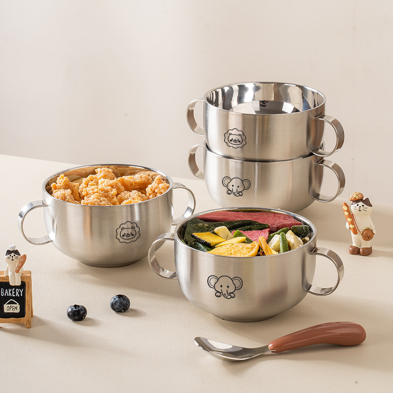 Dječji tanjur od nehrđajućeg čelika s dvostrukom konstrukcijom, debeli dizajn i silikonska usisna čašica