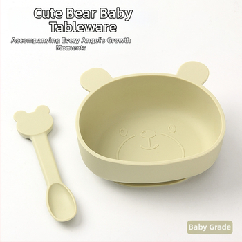 Detská miska zo silikónu na jedlo so sade príborov (vidlička a lyžička) — guľatá, vhodná do mikrovlnky, pre deti