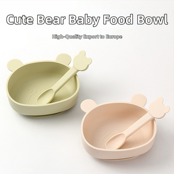 Detská miska zo silikónu na jedlo so sade príborov (vidlička a lyžička) — guľatá, vhodná do mikrovlnky, pre deti