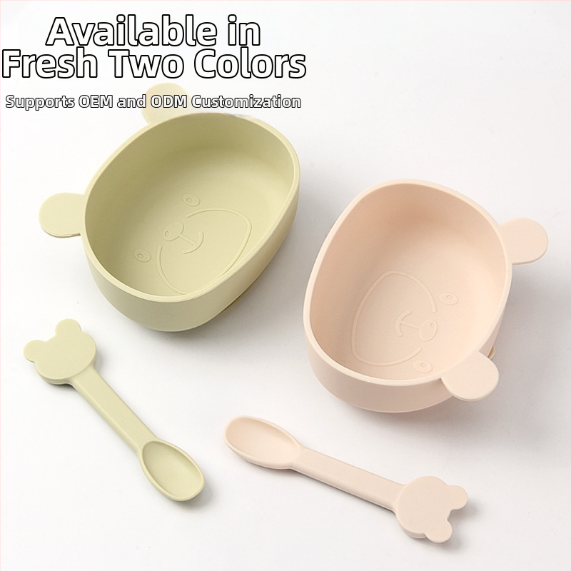 Detská miska zo silikónu na jedlo so sade príborov (vidlička a lyžička) — guľatá, vhodná do mikrovlnky, pre deti