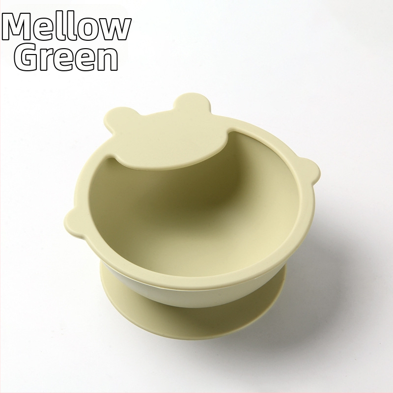 Detská miska zo silikónu na jedlo so sade príborov (vidlička a lyžička) — guľatá, vhodná do mikrovlnky, pre deti