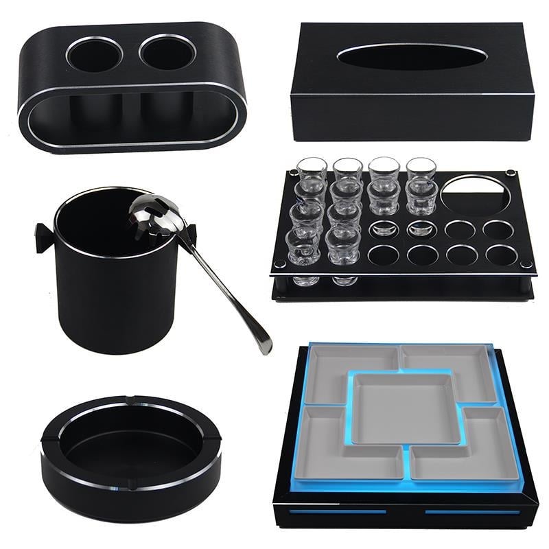 Μεταλλικό επιτραπέζιο σετ KTV: βάση μικροφώνου, θήκη χαρτοπετσετών, τασάκι και φωτιζόμενη βάση για φρούτα