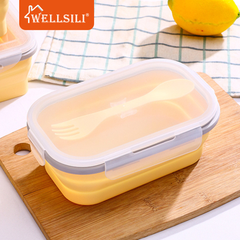 Silikonska sklopiva kutija za ručak s plastičnim poklopom, pogodna za mikrovalnu, kapacitet 800–1000 ml