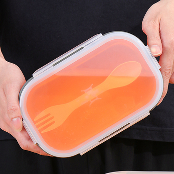 Silikonska sklopiva kutija za ručak s plastičnim poklopom, pogodna za mikrovalnu, kapacitet 800–1000 ml