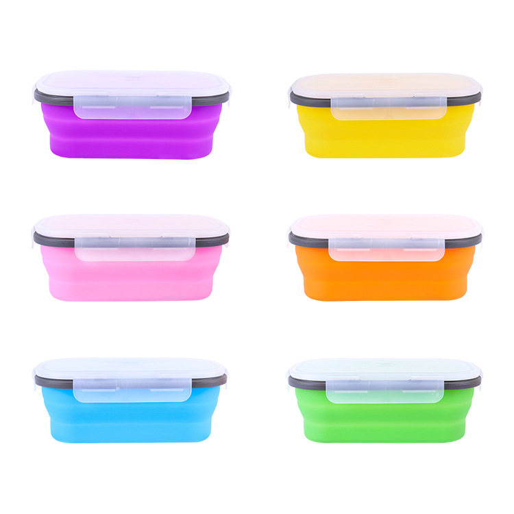 Silikonska sklopiva kutija za ručak s plastičnim poklopom, pogodna za mikrovalnu, kapacitet 800–1000 ml