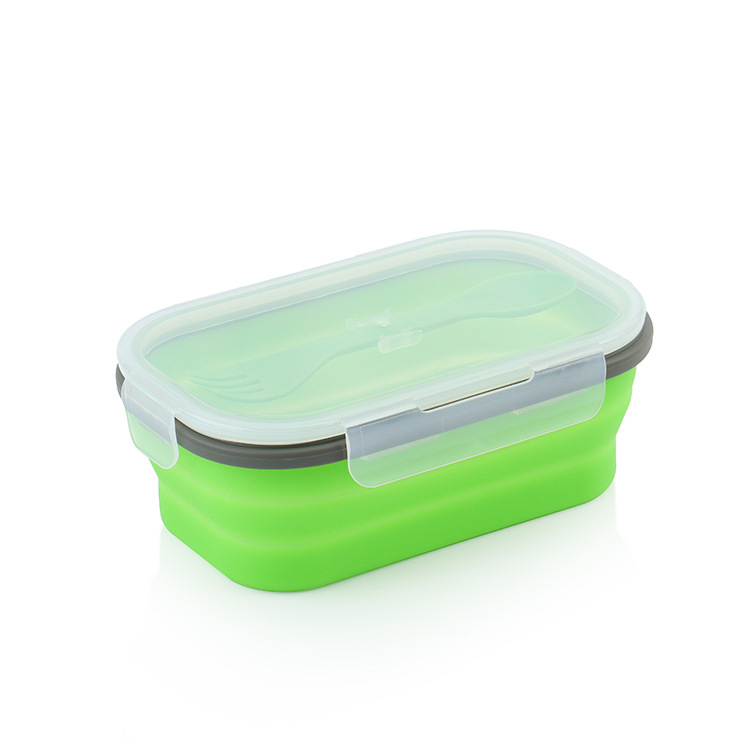 Silikonska sklopiva kutija za ručak s plastičnim poklopom, pogodna za mikrovalnu, kapacitet 800–1000 ml