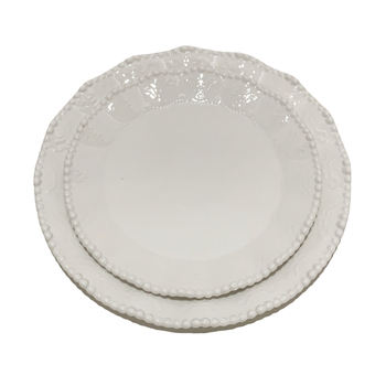 Keramički set posuđa: zdjele za doručak i tanjuri s čipkastim uzorkom, reljefna površina i rub s perlama, pogodno za mikrovalnu pećnicu, lagani luksuzni retro stil za kućnu uporabu