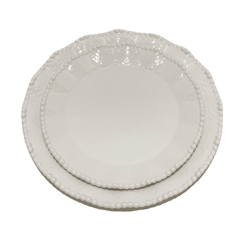 Keramički set posuđa: zdjele za doručak i tanjuri s čipkastim uzorkom, reljefna površina i rub s perlama, pogodno za mikrovalnu pećnicu, lagani luksuzni retro stil za kućnu uporabu