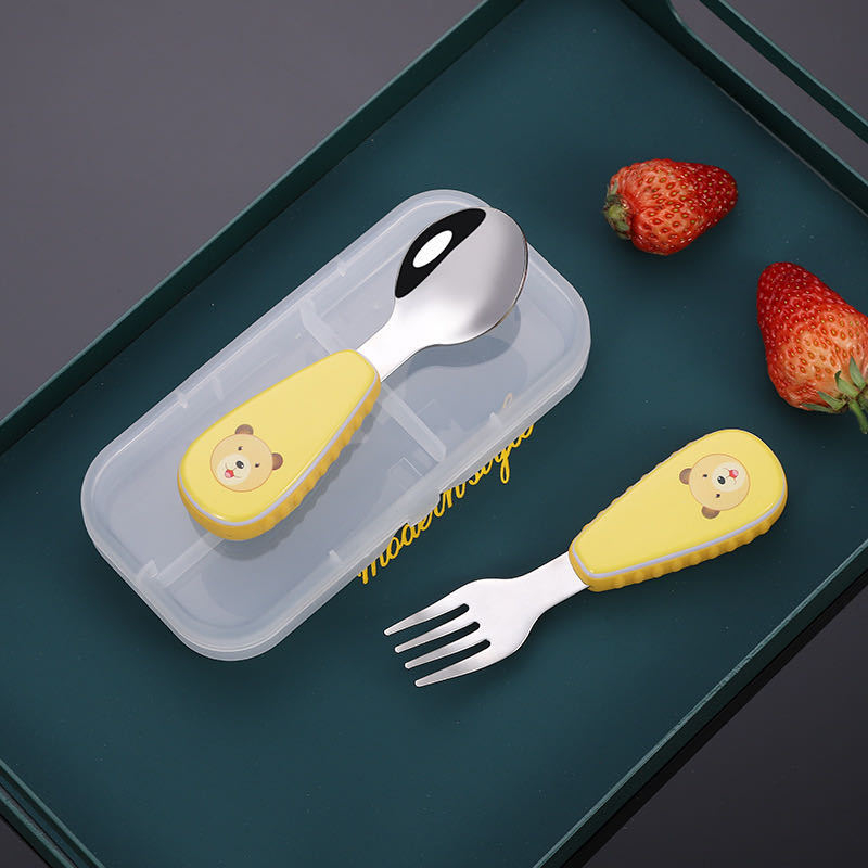 Qirun 304 ανοξείδωτο παιδικό σετ μαχαιροπίρουνα — κουτάλι και πιρούνι με χερούλες σε cartoon στυλ, γυαλιστερή επιφάνεια καθρέφτη, διαθεσιμότητα προσαρμογής