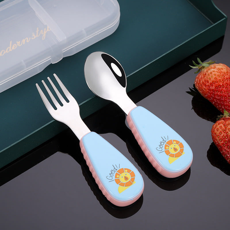 Qirun 304 ανοξείδωτο παιδικό σετ μαχαιροπίρουνα — κουτάλι και πιρούνι με χερούλες σε cartoon στυλ, γυαλιστερή επιφάνεια καθρέφτη, διαθεσιμότητα προσαρμογής