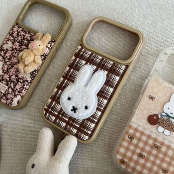 Pouzdro pre iPhone s vyšitým Miffy zajačikom a náramkom na zápästie, kožená textúra, vyrazený reliéf, mäkký gelový materiál, proti pádu