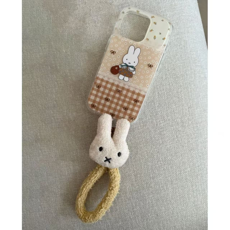 Pouzdro pre iPhone s vyšitým Miffy zajačikom a náramkom na zápästie, kožená textúra, vyrazený reliéf, mäkký gelový materiál, proti pádu