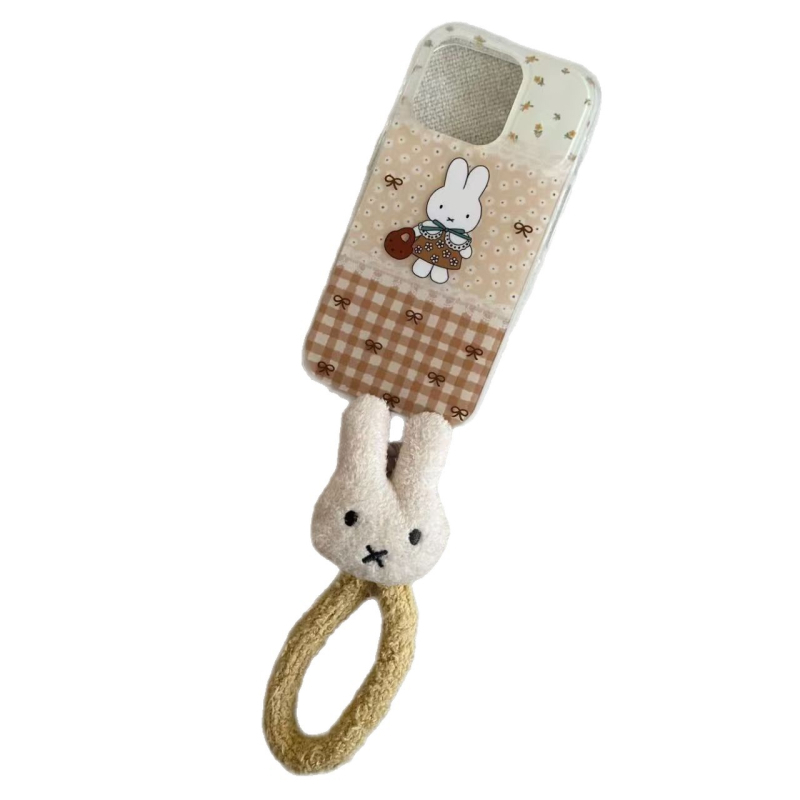 Pouzdro pre iPhone s vyšitým Miffy zajačikom a náramkom na zápästie, kožená textúra, vyrazený reliéf, mäkký gelový materiál, proti pádu