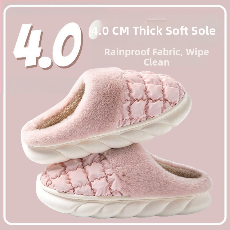 Bavlnené domáce papuče s plyšovým vrškom, hrubá protišmyková PVC podrážka, vnútorná kožušinka z umelej kožušiny a výplň z peria, káro vzor, nepremokavé a teplé