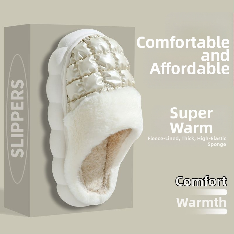 Bavlnené domáce papuče s plyšovým vrškom, hrubá protišmyková PVC podrážka, vnútorná kožušinka z umelej kožušiny a výplň z peria, káro vzor, nepremokavé a teplé